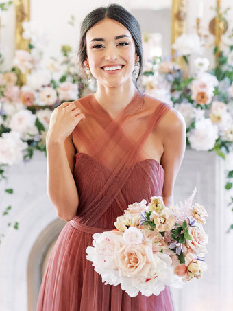 ブリックレッドブライズメイドドレス Aライン マキシレングス バックレス チュール プロムドレス 自由なカスタマイズ