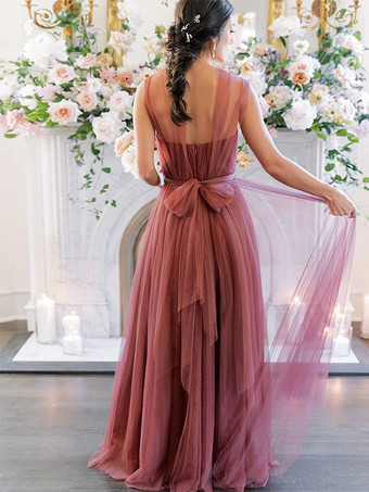 ブライズメイドドレス Aライン マキシレングス バックレス チュール プロムドレス 自由なカスタマイズ