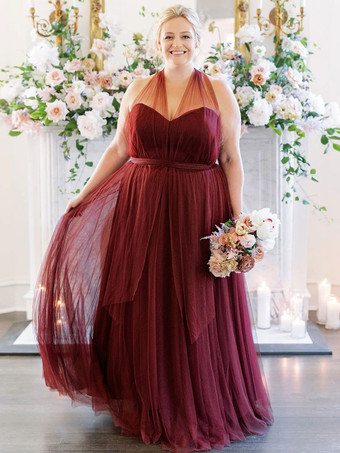 バーガンディーブライズメイドドレス Aライン マキシレングス バックレス チュール プロムドレス 自由なカスタマイズ