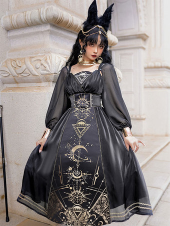 Vestido clásico de Lolita Poliéster Manga larga Vestidos de Lolita Negro Dorado