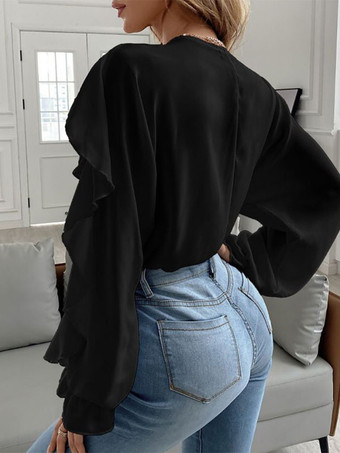 女性のためのブラウス ホワイト ボタン フリル V ネック カジュアル長袖トップス