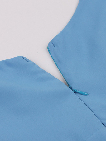 ヴィンテージドレス　1950年代オードリー・ヘップバーン風　ブルー　ノースリーブ　Vネック　二次会　お呼ばれ　発表会　スウィングワンピース