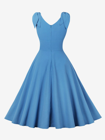 ヴィンテージドレス　1950年代オードリー・ヘップバーン風　ブルー　ノースリーブ　Vネック　二次会　お呼ばれ　発表会　スウィングワンピース
