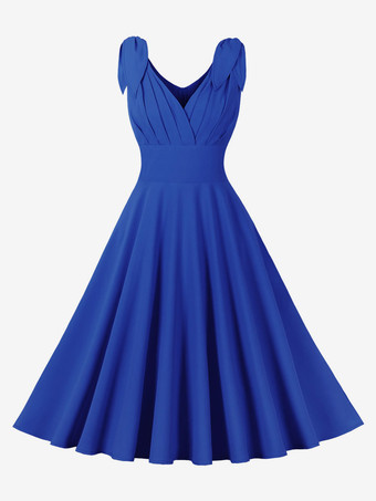 ヴィンテージドレス　1950年代オードリー・ヘップバーン風　ブルー　ノースリーブ　Vネック　二次会　お呼ばれ　発表会　スウィングワンピース