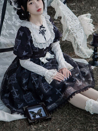 ゴシックロリータドレス リボン レース バタフライ柄 ブラック ブラック
