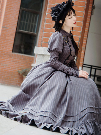 クラシカルロリータドレス ポリエステル 長袖 ストライプ ロリータドレス クラシック グレー