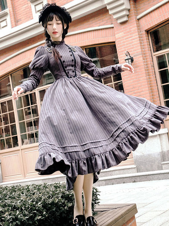クラシカルロリータドレス ポリエステル 長袖 ストライプ ロリータドレス クラシック グレー