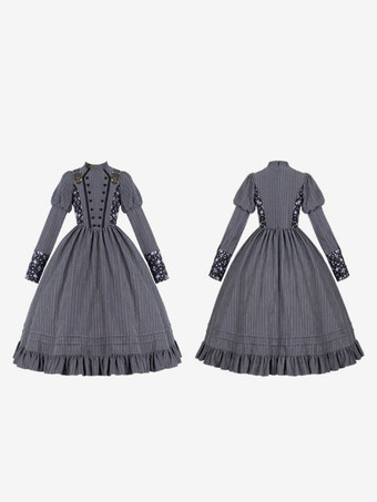 レトロウエスト締め付けロリータドレスポリエステル長袖グレーストライプロリータドレス