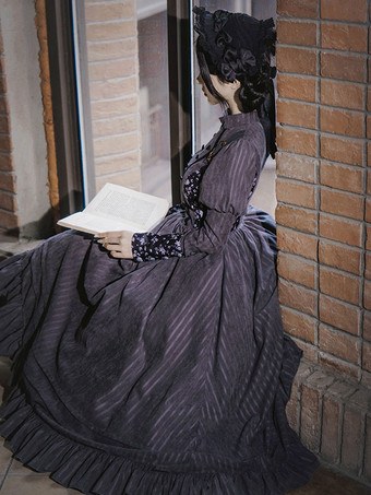 レトロウエスト締め付けロリータドレスポリエステル長袖グレーストライプロリータドレス