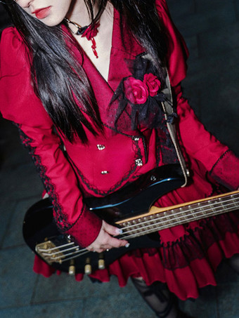 スチーム パンクなロリータ衣装赤フリル レース ローズ長袖スカート トップ