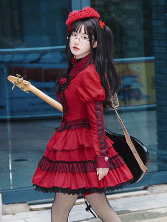 スチーム パンクなロリータ衣装赤フリル レース ローズ長袖スカート トップ