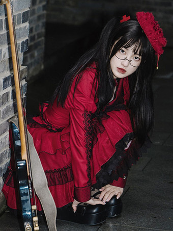 スチーム パンクなロリータ衣装赤フリル レース ローズ長袖スカート トップ