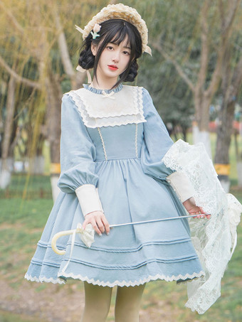 Vestido dulce de Lolita Poliéster Manga larga Vestido dulce Vestido de Lolita