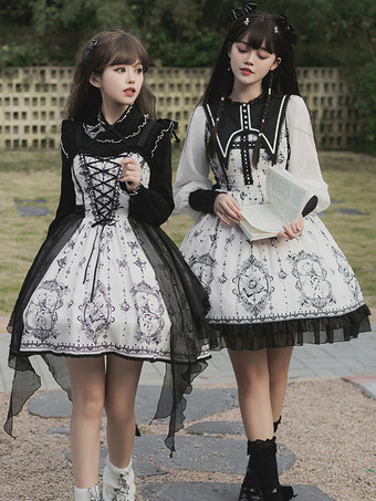 ゴシックロリータドレス レース 花柄 クロス ブラック ブラック