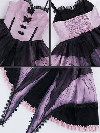 ゴシックロリータドレス フリル レース 蝶々柄 ピンク ピンク