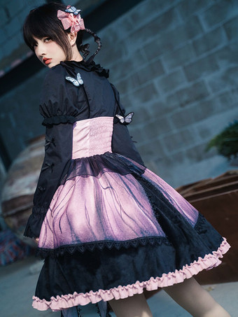 ゴシックロリータドレス フリル レース 蝶々柄 ピンク ピンク