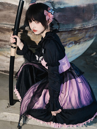 ゴシックロリータドレス フリル レース 蝶々柄 ピンク ピンク