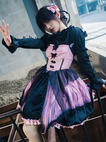 ゴシックロリータドレス フリル レース 蝶々柄 ピンク ピンク