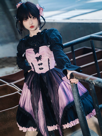 ゴシックロリータドレス フリル レース 蝶々柄 ピンク ピンク