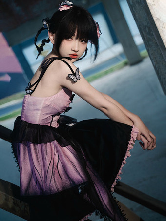 ゴシックロリータドレス フリル レース 蝶々柄 ピンク ピンク