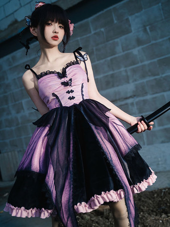 ゴシックロリータドレス フリル レース 蝶々柄 ピンク ピンク