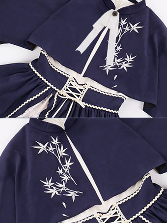 中華風ロリータドレス 弓 長袖 ポリエステル 中華風 花柄 ブルー 中華風ロリータ