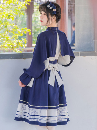中華風ロリータドレス 弓 長袖 ポリエステル 中華風 花柄 ブルー 中華風ロリータ