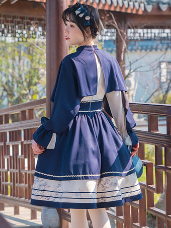 中華風ロリータドレス 弓 長袖 ポリエステル 中華風 花柄 ブルー 中華風ロリータ