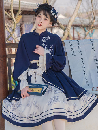 中華風ロリータドレス 弓 長袖 ポリエステル 中華風 花柄 ブルー 中華風ロリータ