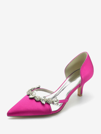 ローズレッドウェディングシューズ ブライダルパンプス シルク＆サテン ポインテッドトゥ ラインストーン スリッポン ブライダルシューズ 子猫ヒールパンプス