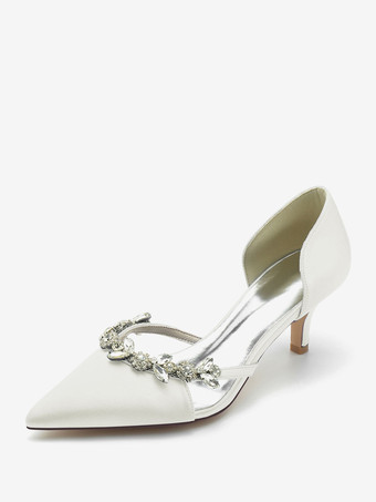 アイボリー ウェディングシューズ ブライダルパンプス シルク＆サテン ポインテッドトゥ ラインストーン スリッポン ブライダルシューズ 子猫ヒールパンプス