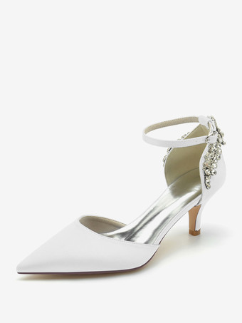 ホワイト ウェディングシューズ シルク＆サテン ポインテッドトゥ ラインストーン 子猫ヒール ブライダルシューズ
