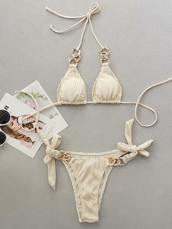 女性ビキニ水着ホワイト チェーン夏のビーチ水着