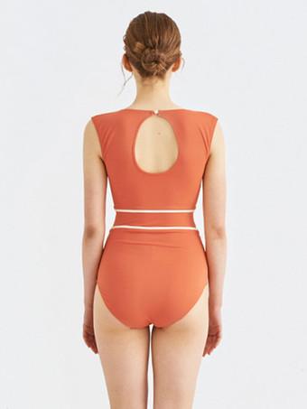 High Waisted Orange One Piece Swimsuit For Women V Neck Swimming