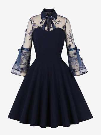 ダークネイビーヴィンテージドレス　1950年代オードリー・ヘップバーン風　アプリコット　花柄　長袖　二次会　お呼ばれ　発表会　ロカビリーワンピース
