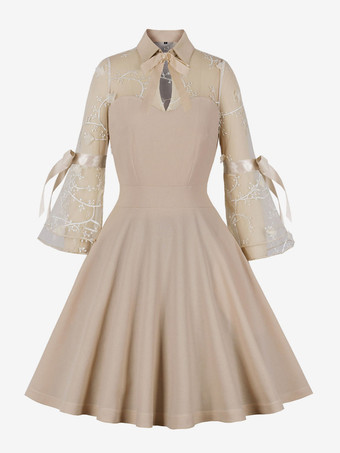 ヴィンテージドレス　1950年代オードリー・ヘップバーン風　アプリコット　花柄　長袖　二次会　お呼ばれ　発表会　ロカビリーワンピース