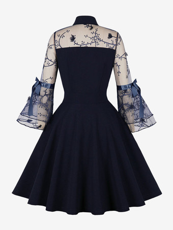 ヴィンテージドレス　1950年代オードリー・ヘップバーン風　アプリコット　花柄　長袖　二次会　お呼ばれ　発表会　ロカビリーワンピース