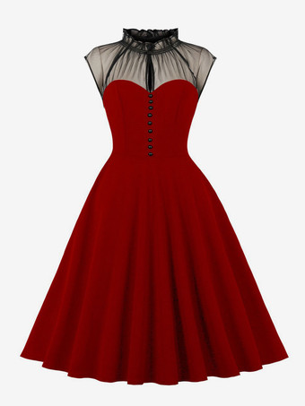 ワインレッド レトロワンピース　1950年代オードリー・ヘップバーン風　ノースリーブ　膝丈　二次会　お呼ばれ　発表会　ロカビリーワンピース