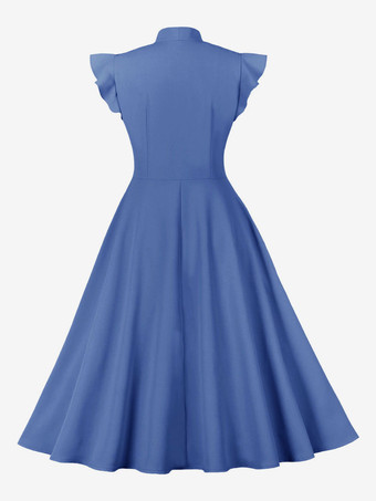 ヴィンテージドレス　1950年代オードリー・ヘップバーン風　ブルー　ボウ　二次会　お呼ばれ　発表会　スウィングワンピース