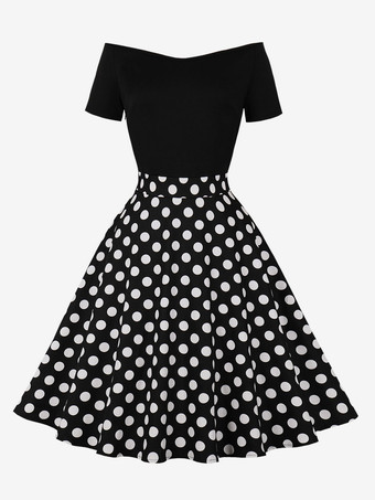 レトロワンピース　1950年代オードリー・ヘップバーン風　ジュエルネック　半袖　膝丈　水玉　二次会　お呼ばれ　発表会　ロカビリーワンピース