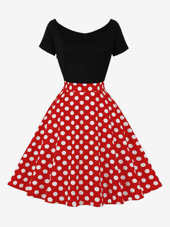 レトロワンピース　1950年代オードリー・ヘップバーン風　ジュエルネック　半袖　膝丈　水玉　二次会　お呼ばれ　発表会　ロカビリーワンピース