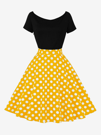 レトロワンピース　1950年代オードリー・ヘップバーン風　ジュエルネック　半袖　膝丈　水玉　二次会　お呼ばれ　発表会　ロカビリーワンピース