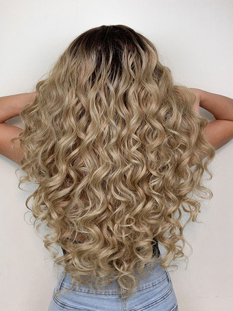 女性のためのロングウィッグコーヒーブラウンカーリー耐熱繊維カジュアルレイヤードロング合成かつら