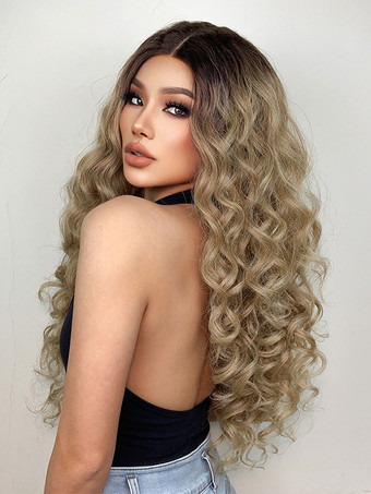 女性のためのロングウィッグコーヒーブラウンカーリー耐熱繊維カジュアルレイヤードロング合成かつら