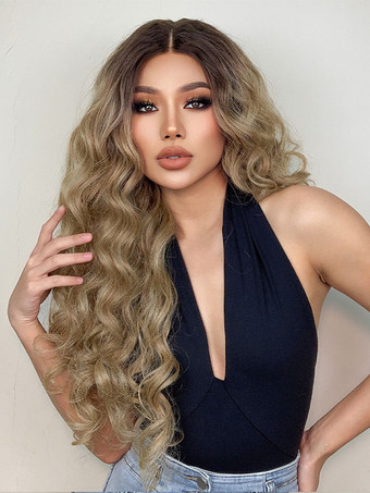 女性のためのロングウィッグコーヒーブラウンカーリー耐熱繊維カジュアルレイヤードロング合成かつら