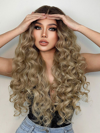 女性のためのロングウィッグコーヒーブラウンカーリー耐熱繊維カジュアルレイヤードロング合成かつら