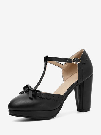 ブラック 女性ハイヒール ブルー PU レザー ポインテッドトゥ T タイプ ボウ ヴィンテージ シューズ