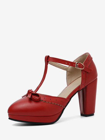 ワインレッド 女性ハイヒール ブルー PU レザー ポインテッドトゥ T タイプ ボウ ヴィンテージ シューズ