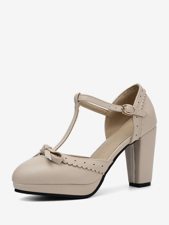 アイボリー 女性ハイヒール ブルー PU レザー ポインテッドトゥ T タイプ ボウ ヴィンテージ シューズ