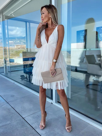 ホワイト サマードレス ロータスピンク Vネックフリルビーチドレス